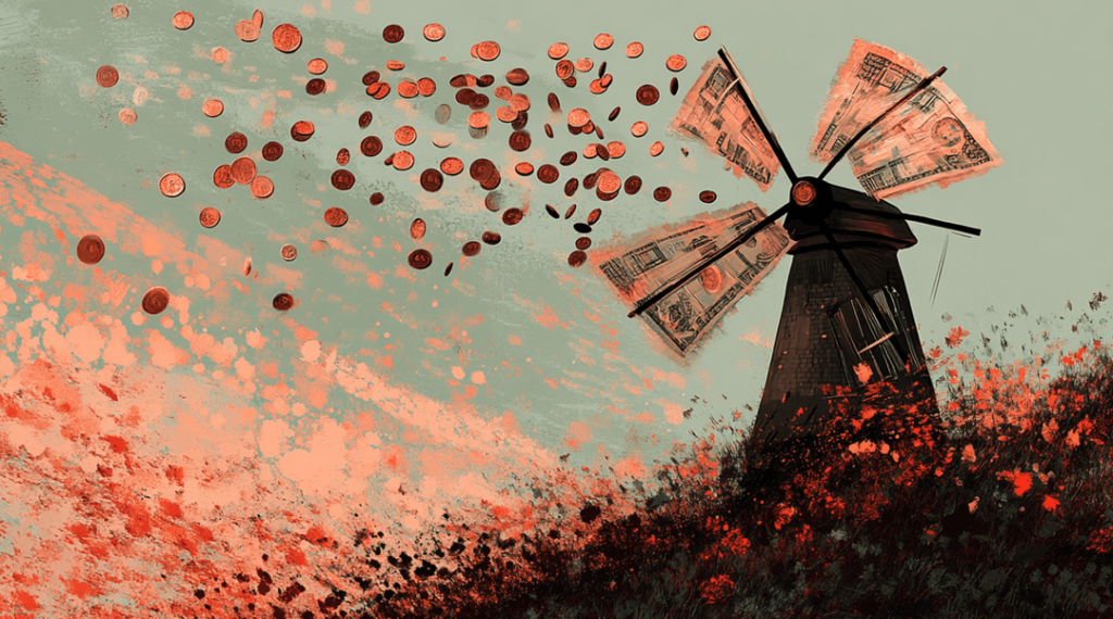 A graphic of a windmill with sails made of money releasing coins in the wind.